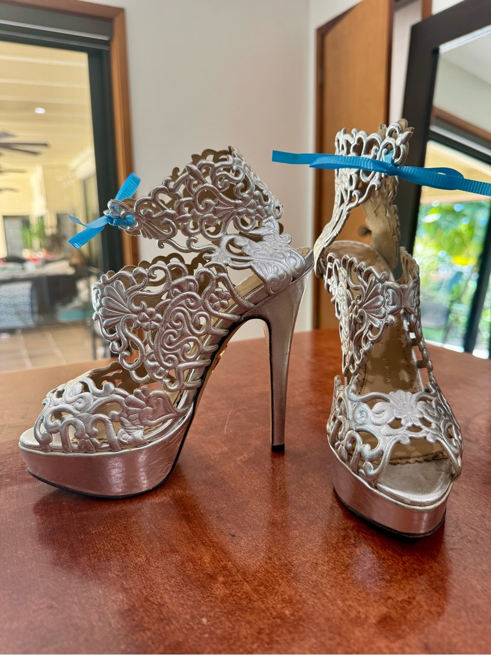 Charlotte Olympia Silver Filigree Platform Stiletto Sandals - Picture 3 of 12